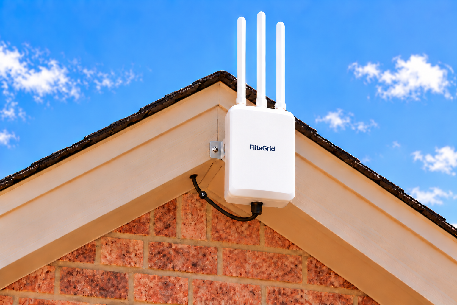 Illustrative FliteGrid sensor on a rear wood eave with one upper bracket and a power wire tucked underneath the roof overhang